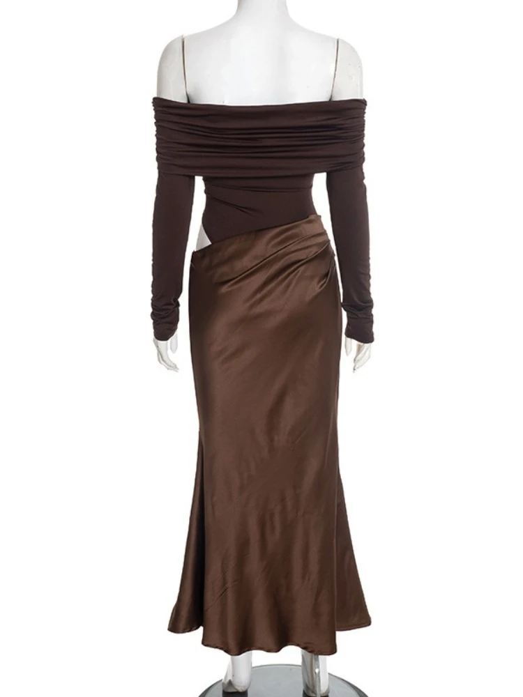 SsTss Vestido largo de manga larga con hombros descubiertos para mujer, elegante vestido con cuello oblicuo recortado, ajustado, de satén, con retazos, para fiesta de medianoche, 2025