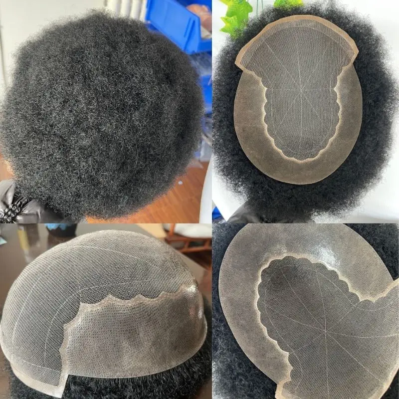 Pwigs Men's Hair Afro Men's Toupee Wig  Q6 360 Wave Hairpiece 100% Human Hair Replacement Toupee for African American