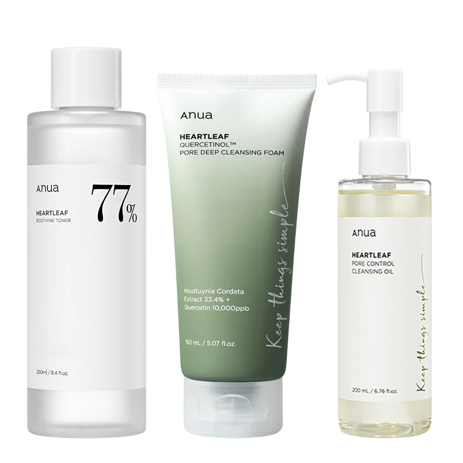 Anua Set Anti-Acne de 3 pasos: Limpiador Heartletleaf + Tónico de poros + Mascarilla, con 33.4% Houttuynia y Anti-Sebum