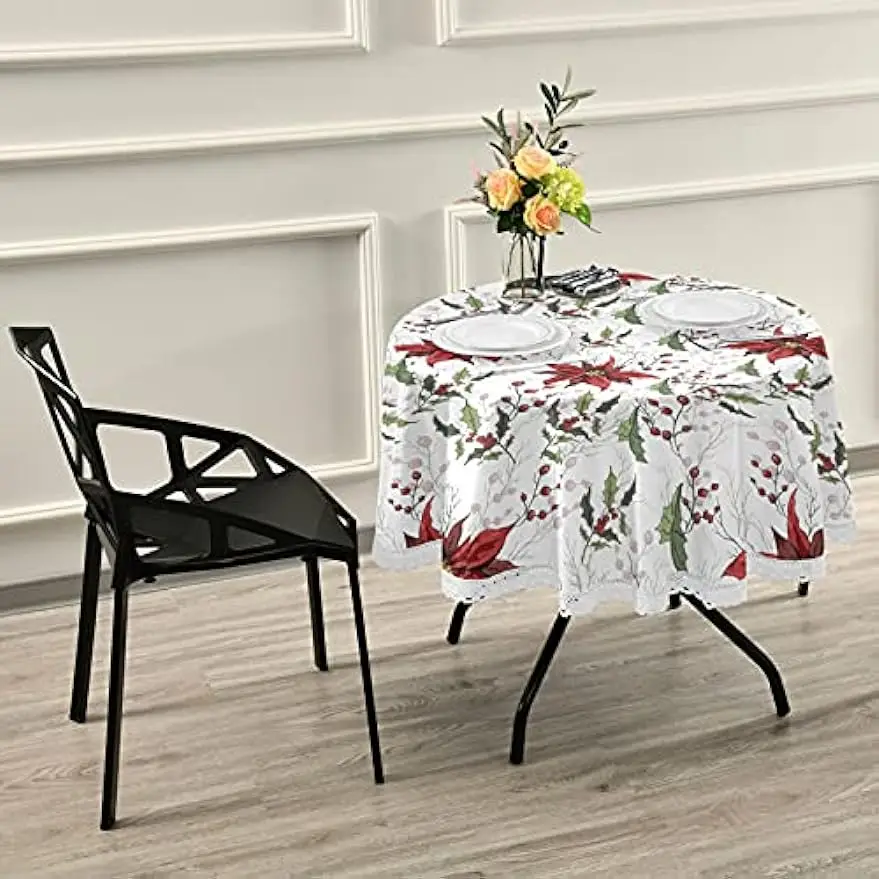 Christmas Flowers Poinsettia Holly Round Table Cloth, Winter Xmas Floral Polyester White Lace Tablecloth Round Table 60 Inch