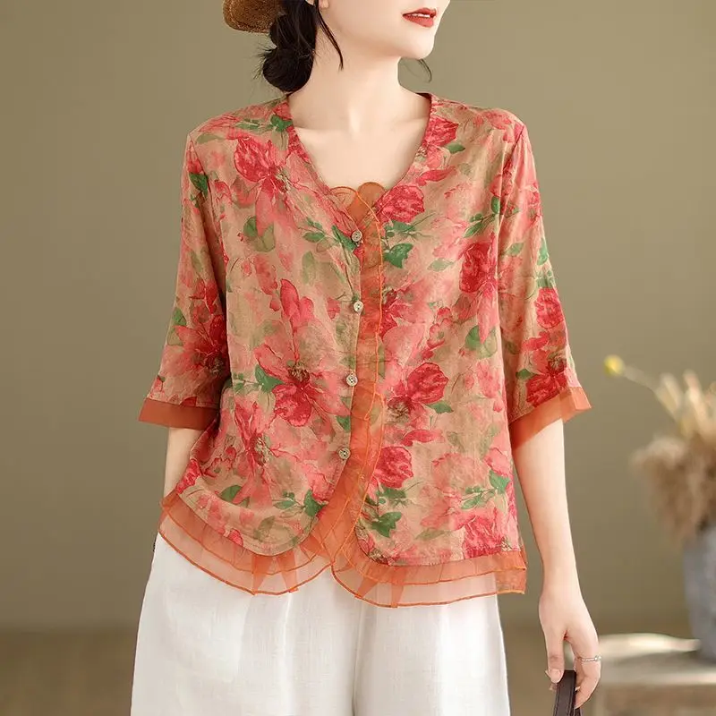 2024 Summer New Pullover V-neck Ruffle Edge Women's Ramie Printed Shirt Vintage Cotton and Hemp Casual Versatile Linen Top L324