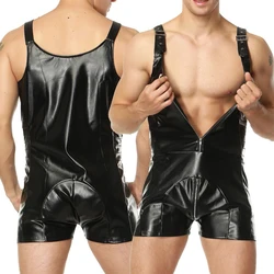 Men's Sleeveless Zip Up Tanks Faux Patent Leather Bodysuits Wet Look Solid Color Leotard Jumpsuits Clubwear Man Tops