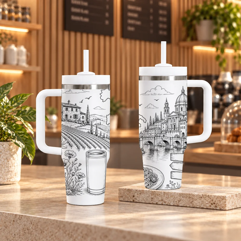 Food Travel Line Art Collection Vacuum Flasks 40oz em Aco Inoxidavel com Alca e Canudo, Caneca de Viagem a Prova de Vazamentos