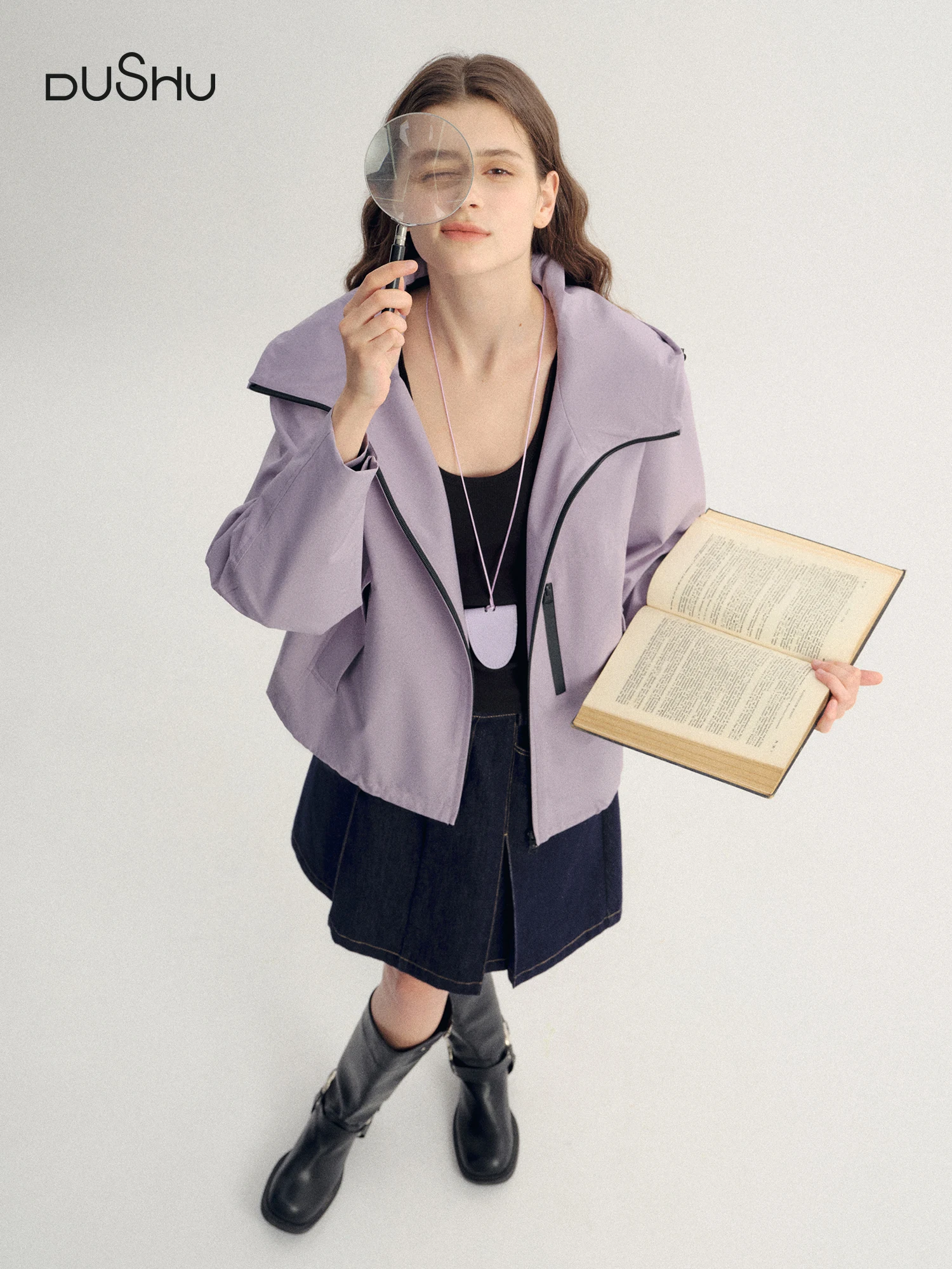 

DUSHU Plus Size Women Outdoor Roaming Triple Protection Windproof Short Jacket Stand-Up Collar Hood Autumn 2025 New Arrival.