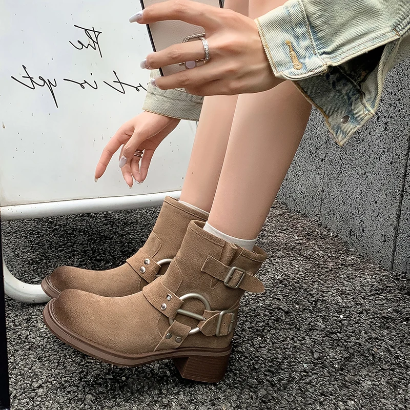 JOZHAMTA Size 34-40 Women Ankle Boots Vintage Suede Real Leather Chunky Heels Shoes 2025 Motorcycle Riding Boots Casual Daily