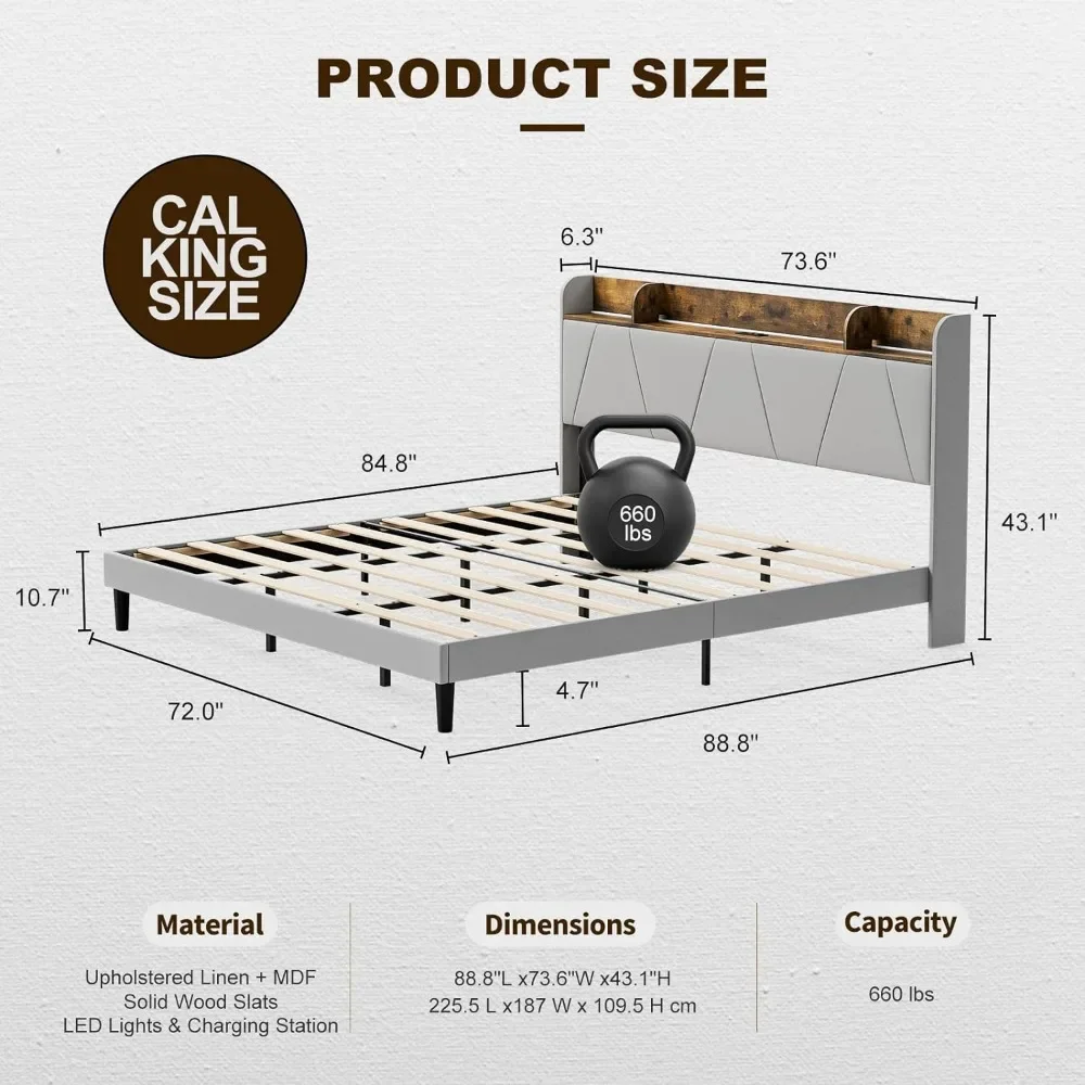 

Каркас кровати z California King с зарядной станцией и полкой для хранения изголовья с USB-портами, мягкий светодиодный каркас кровати Cal King