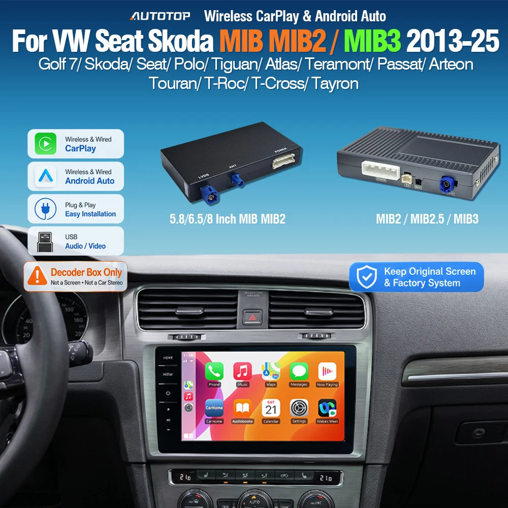 AUTOTOP Decoder Wireless CarPlay Android Auto per VW Golf 7 Passat B8 Tiguan T-Roc Touran Polo T-Cross Arteon Skoda Octavia Superb Kodiaq MIB MIB2 5.8" 8" / mib3 9.2" Interfaccia di Retrofit per