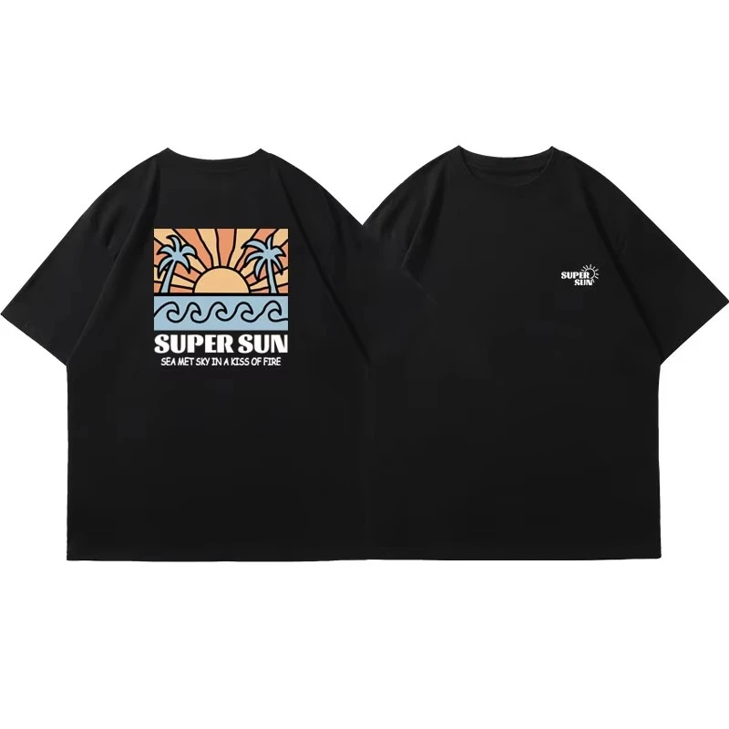 2025 منتج جديد تصميم ريترو سوبر الشمس الطباعة قصيرة الأكمام تي شيرت الرجال والنساء العلامة التجارية العصرية تنوعا القطن الخالص