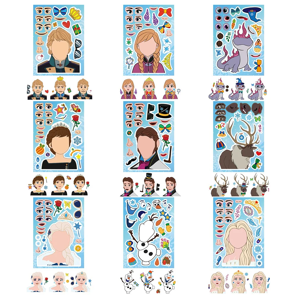 9/18foglio Disney Cartoon Anime Frozen Princess Puzzle adesivi Crea una faccia Gioco fai da te Decalcomania Cute Kids Jigsaw Education Sticker