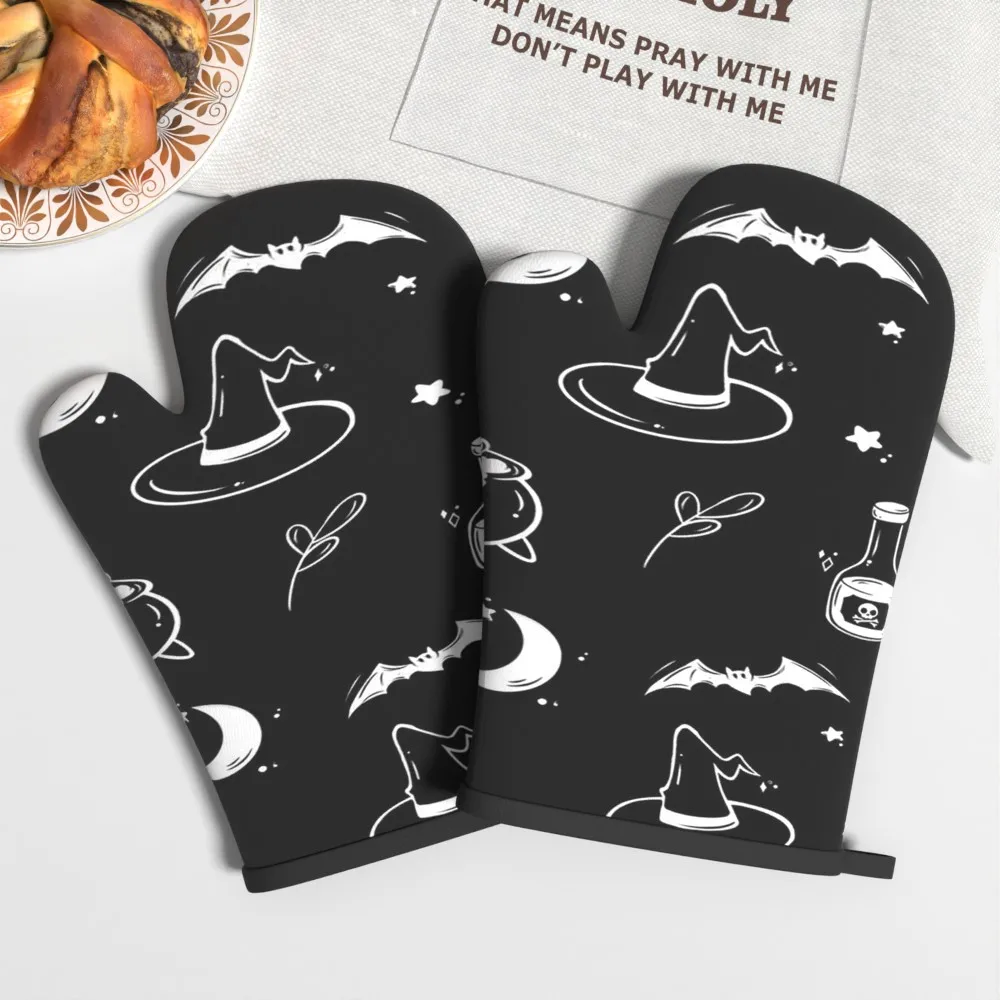 Black Heat-Resistant Kitchen Oven Mitts Measuring 10.6 by 6.7 Inches, Perfect for Halloween, Grilling, Cooking, Baking, Broiling