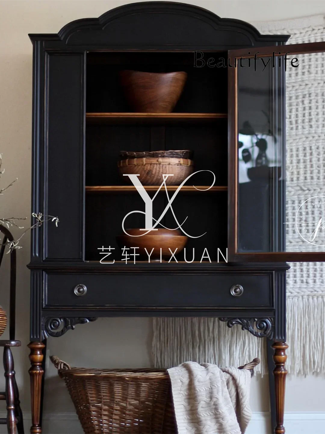 

ZY French Retro Solid Wood Dining Side Cabinet American Home Living Room Display Decorative Cabinet Black Storage Cabinet