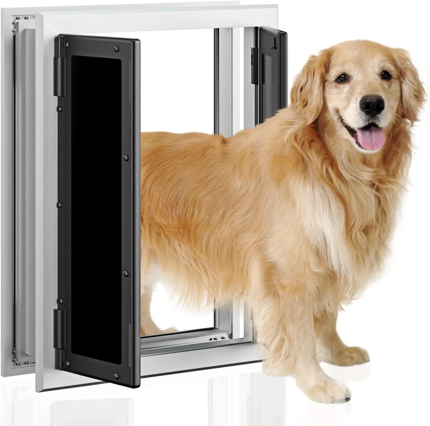 PETOUCH Aluminum Large Pet Door with Dual Panel, Dog Door with Self-Close Magnetic Flap, Slide-In Panel and 4 Security Locks