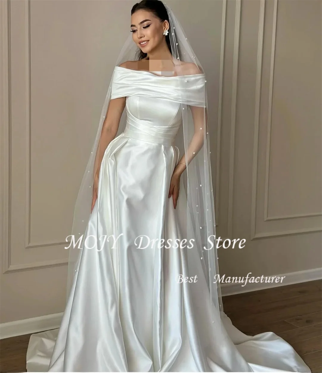 Mojy Satin A-Line vestidos de novia Exquisite Off The Shoulder Bridal Gown Ivory Pleat Wedding Dress Customized