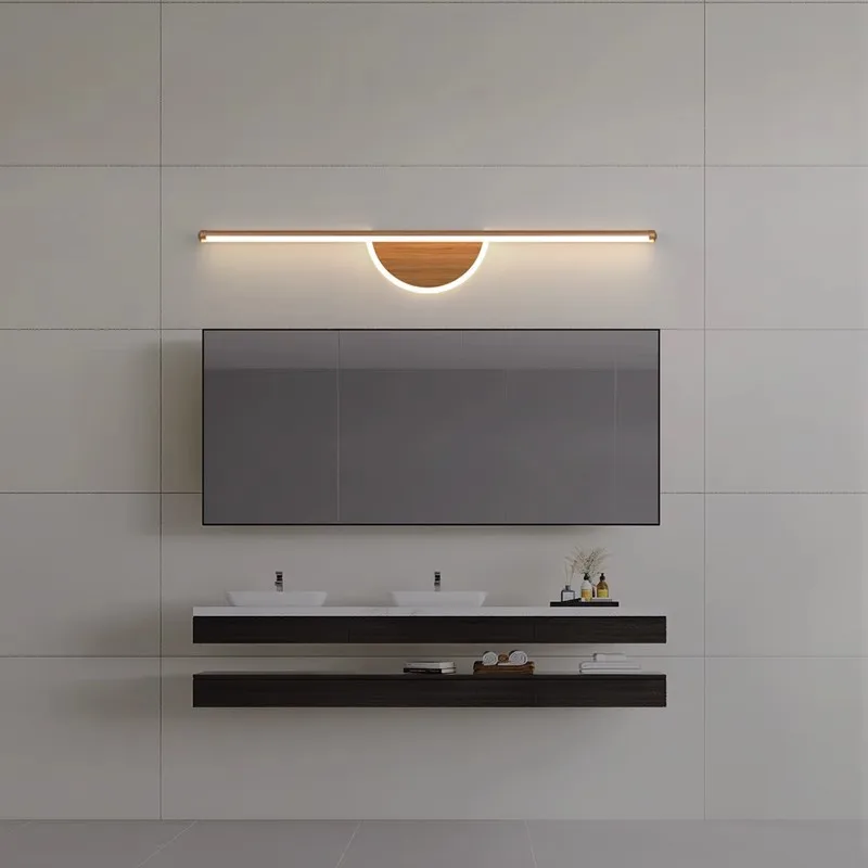 New Chinese Wood Grain Wall Lights Long Strip Mirror Front LED Wall Lamps Master Bedroom Study Makeup Mirror Bathroom Fixtures