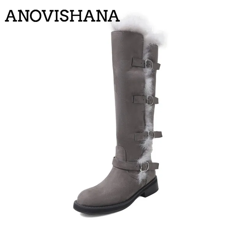 ANOVISHANA Winter Warm Plush Genuine Leather Suede Wide Leg Knee High Snow Botas Women Chunky 4cm Heel Buckle Grey Brown 40