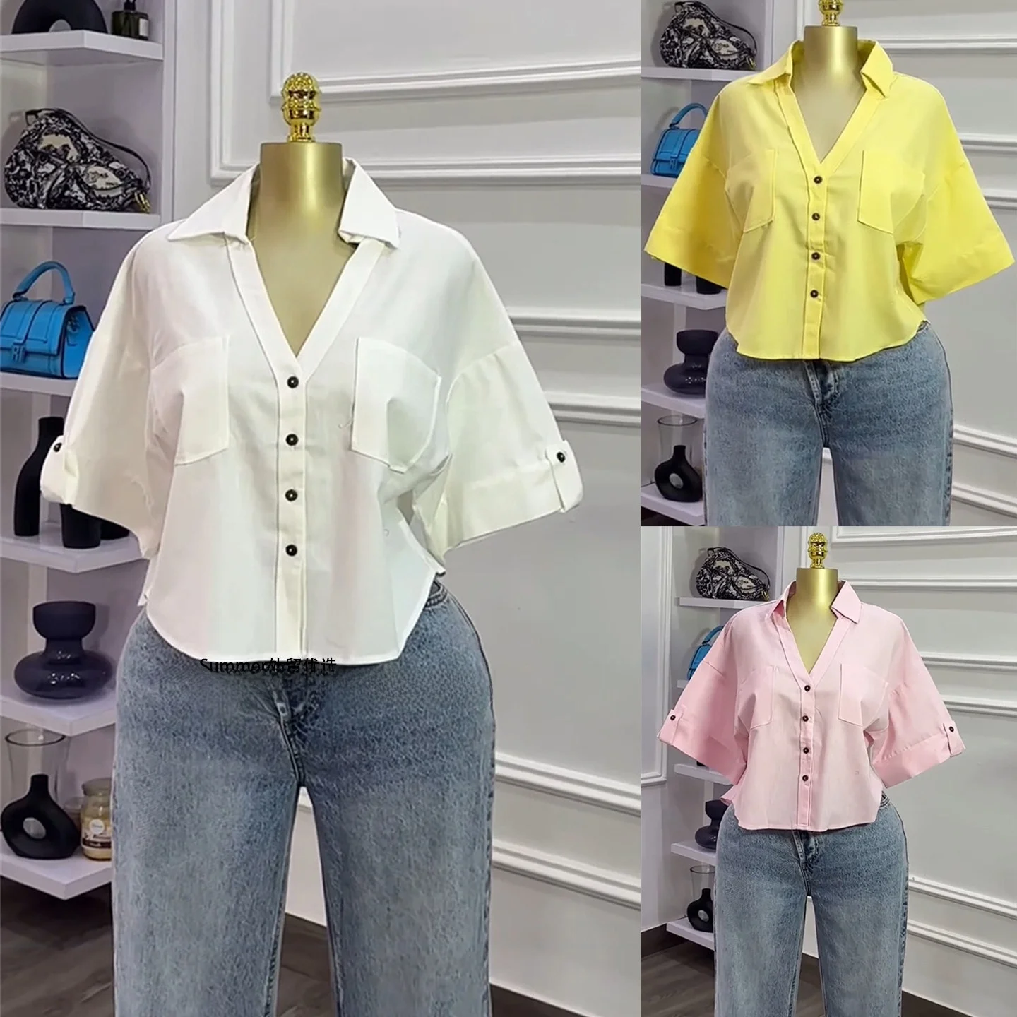 

Модная однотонная свободная короткая рубашка для женщин из высококачественного полиэстера в европейском стиле, повседневный топ