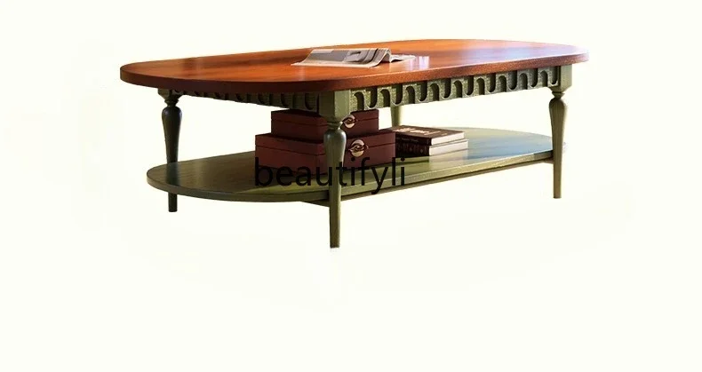 

ss1001 French retro style solid wood coffee table small apartment living room household ash wood oval, double coffee table