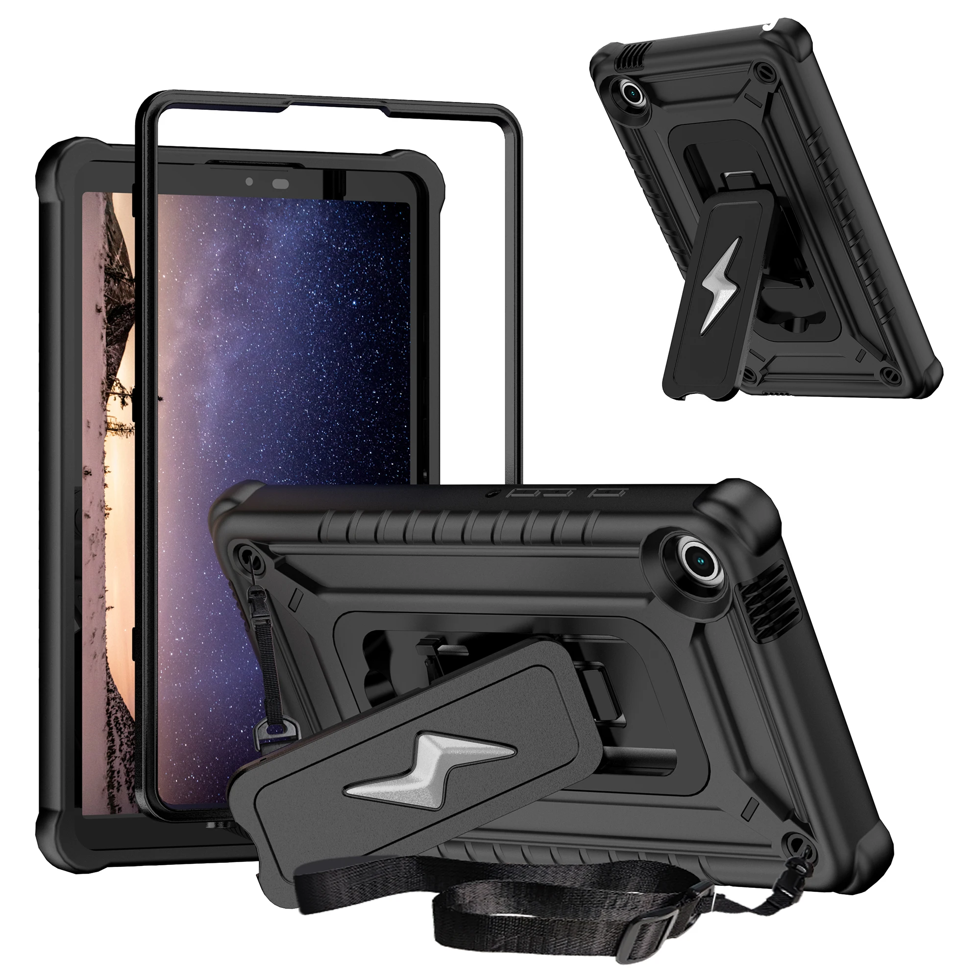 For Samsung Galaxy Tab A9 Case Kickstand PC + Silicone Tablet Cover with Shoulder Strap - Black