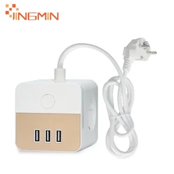 EU Cube Extension Cord Power Socket, Multi-Outlet Power Strip with 3 AC Outlets and 3 USB, with Switch 1.5m Cable for Home Offic