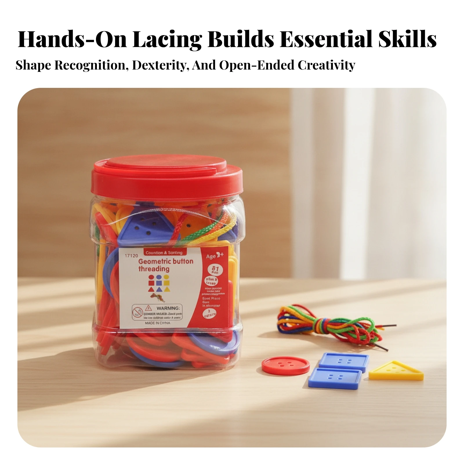 Geometric Button Threading Toy BPAwithout Button Lacing Toy with Storage Jar Shape Matching Game Non for Young Children
