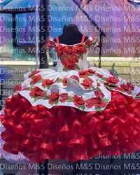 Vestido rojo de flores mexicanas para niñas, vestido de princesa con perlas y apliques de flores y hombros descubiertos para cumpleaños, vestido de baile con volantes personalizado 2024