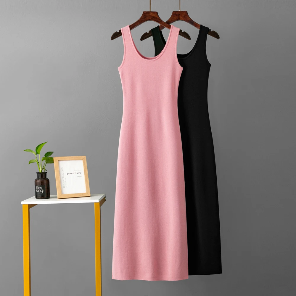 Spring summer 2023 Women Knit Tank long Dress Korean Style Knitting U Neck Sleeveless Vest Thin Loose Women Casual Dresses