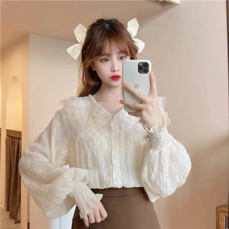 

Very Fairy Top Sweet Age-Reducing Doll Collar Chiffon Blouse For Women Spring And Autumn Design Sense Niche Stylish Inner Wear