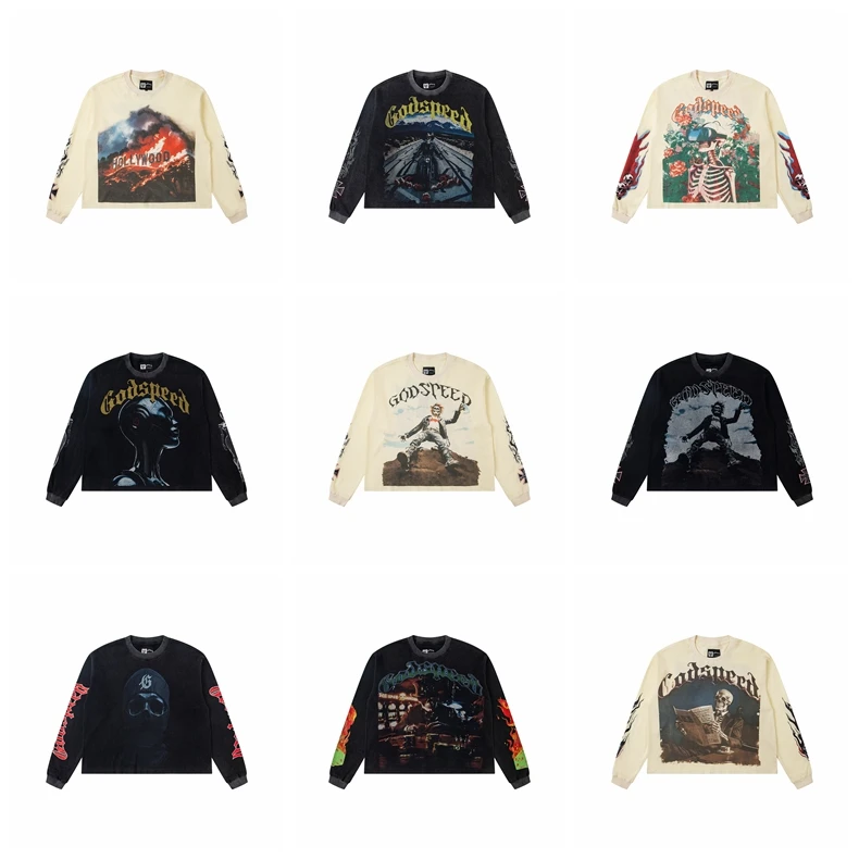 

Godspeed American High Street Faion Long Sve Свободная футболка с принтом Casual Base irt Хип-хоп Sle Хлопковая круглая футболка Ne