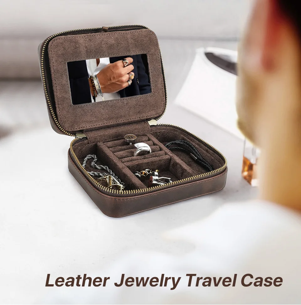 Luxus Doppelschicht Echtleder Schmuck Ohrring Armband Reißverschluss Box Reise Tragbarer Aufbewahrungskoffer mit Spiegel Geschenkverpackung – Detail 1