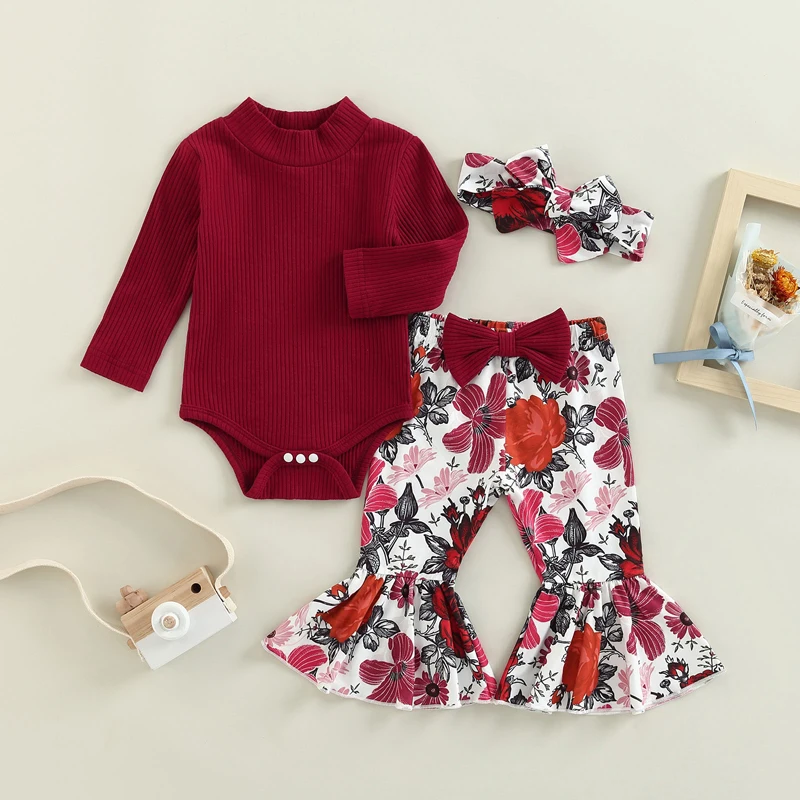 0-18M Baby Girl Casual Autumn Suit Solid Color Rib Long Sleeve Turtleneck Jumpsuit + Mosaic Print Flared Pants + Headband