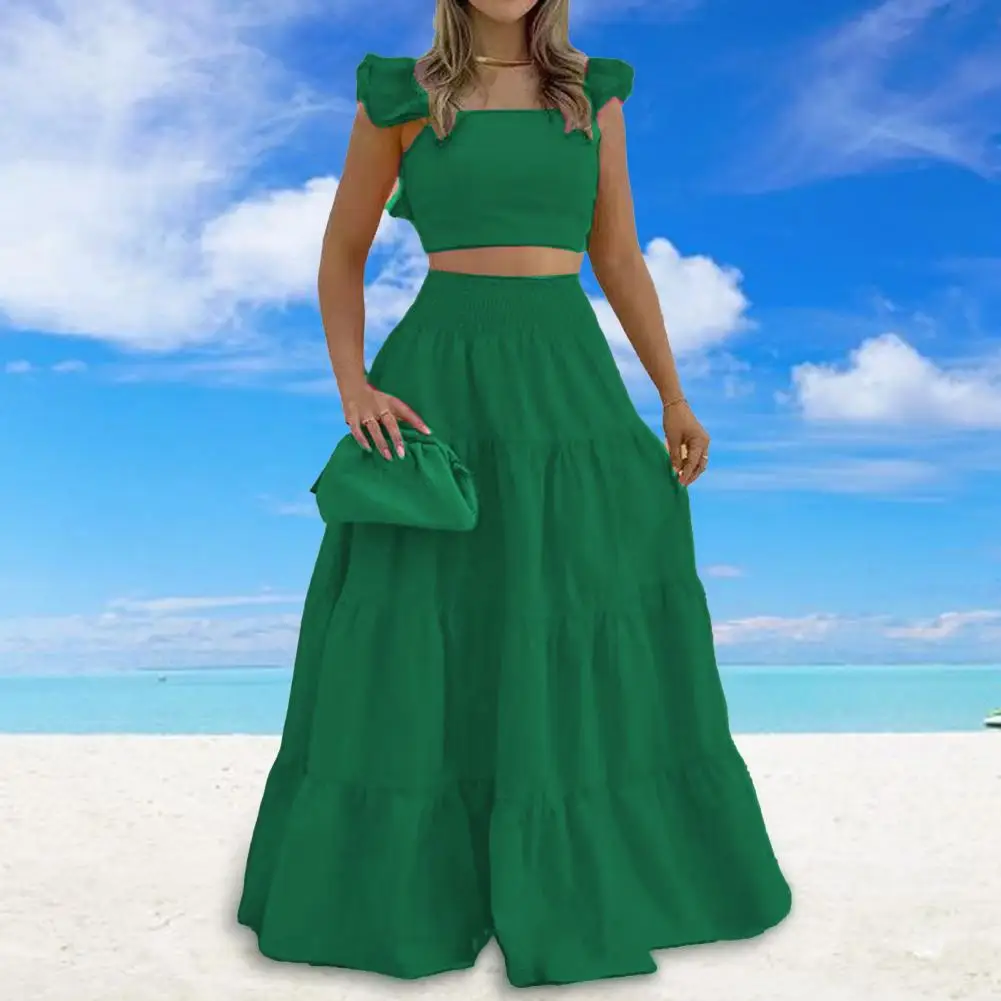 Women Top Skirt Suit Maxi Skirt Suit Stylish Summer Women's Crop Top Skirt Set Square Neck High Waist Sleeveless for Vacation