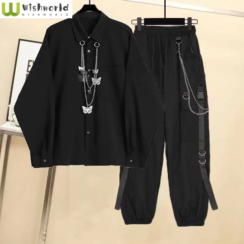 

Spring and Autumn New Sports Suit Korean Loose Black Shirt+handsome Work Pants Unisex Two-piece Set Trendy