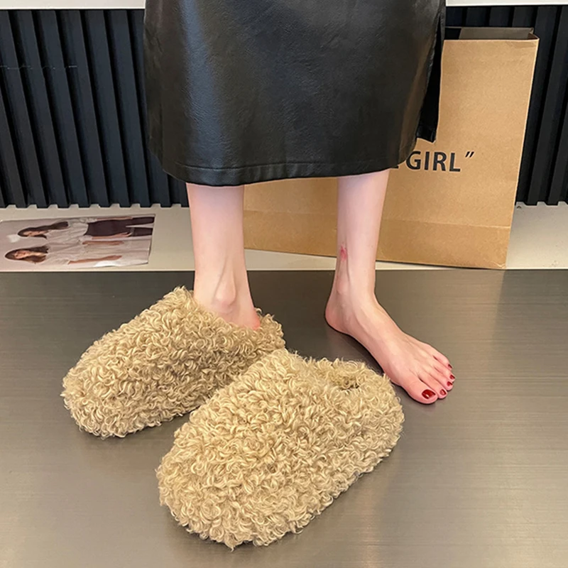 Fur Shoes Flock Winter Woman Slipper Pantofle Med Platform Cover Toe Slides Plush 2023 Rome Hoof Heels House Slippers Shoes