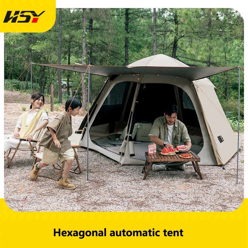 Outdoor Camping UPF50 PU3000MM Automatic Quick Opening Hexagonal Black Coated Tent Thickened Sun and Rainproof Shelter