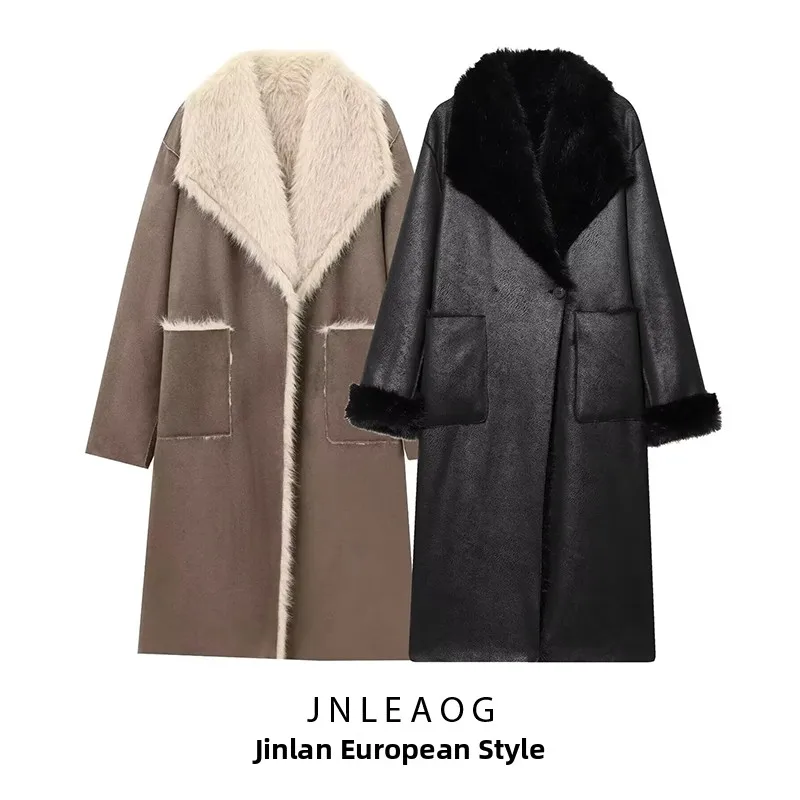 

JNLEAOG Новое осеннее женское двустороннее длинное пальто, универсальная верхняя одежда в уличном стиле, с длинными рукавами, из полиэфирного волокна