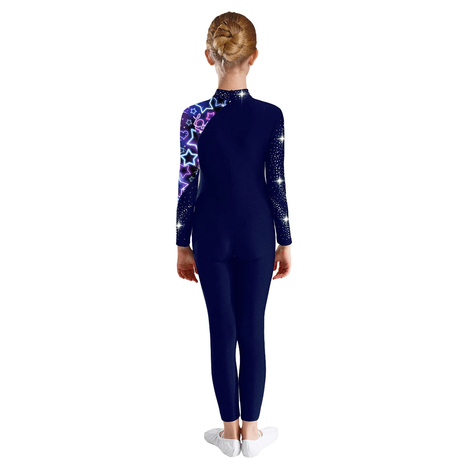 Kids Girls Printed Jumpsuit Ballet Unitards Shiny Rhinestones Mock Neck Long Sleeve Leotard Gymnastics Figure skating Costume