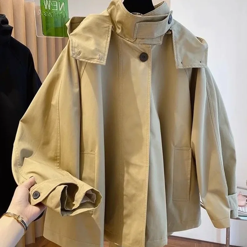 جديد وصول الخريف الربيع معطف قصير سترة مقنعين فضفاضة النمط البريطاني المألوف سترة واقية عالية الخصر تصميم الأكمام الطويلة