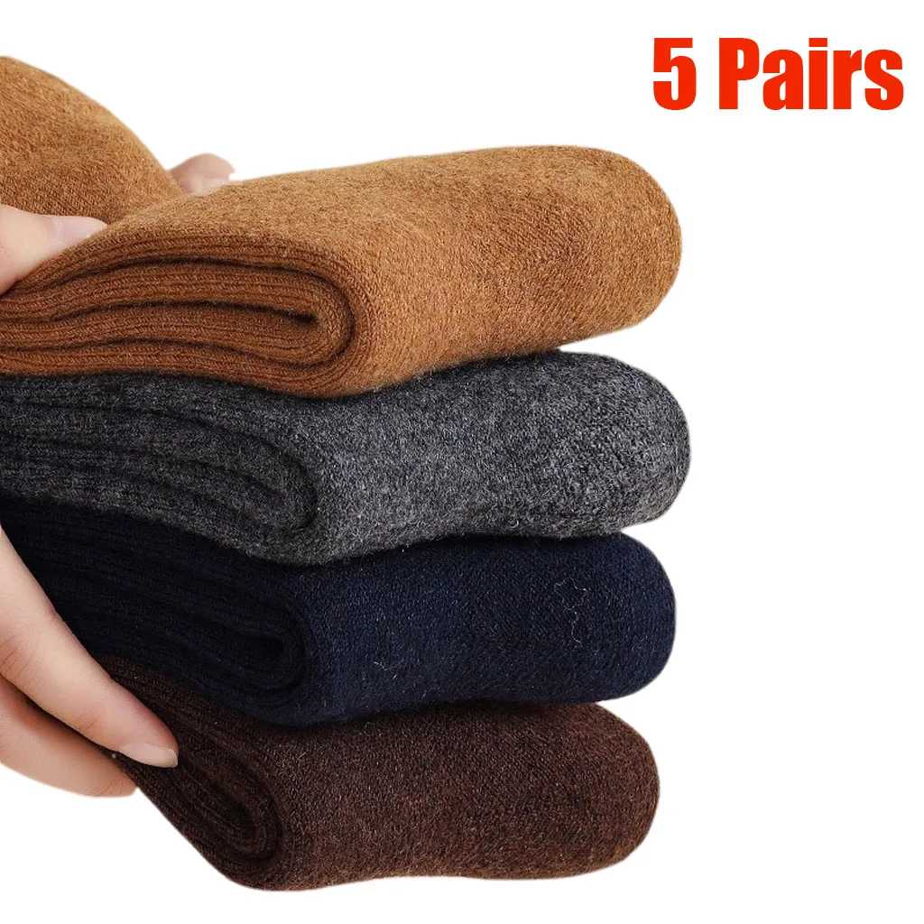 

5 пар новых зимних супертолстых теплых носков, шерстяные женские носки, однотонные носки из мериносовой шерсти, мужские махровые носки от холодного снега, размер 36-42