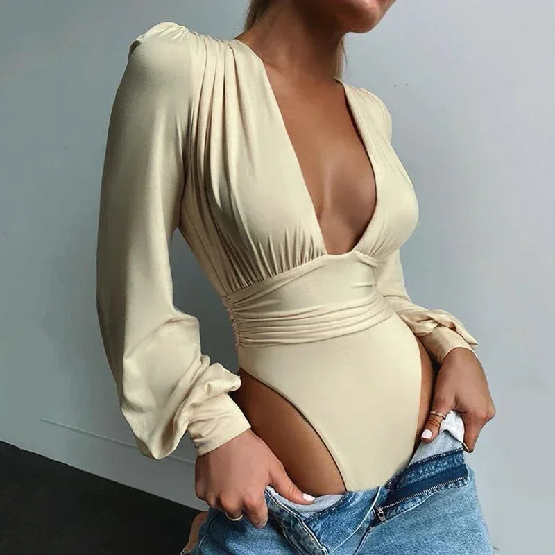 Ladies Green Summer Beachwear Women Long Sleeve Tops Tees V Neck Sexy Pleated Bodycon Bodysuit Female Slim Fit Party Clubwear