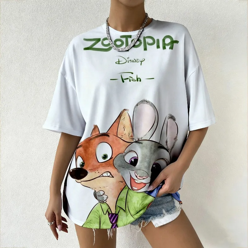 2025 المرأة Y2K المتضخم تي شيرت الصيف موضة الشارع الشهير Zootopia نيك و جودي مطبوعة بلوزة فضفاضة يوميا/الشارع الملابس النسائية