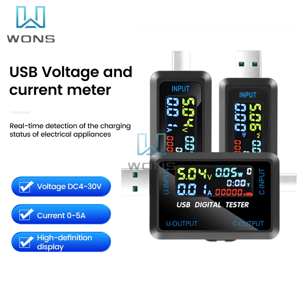 10-in-1Multifunction Digital Display Voltage Current Capacity Tester DC4.5~36V USB+Type-C Interface Power Bank Charger Indicator