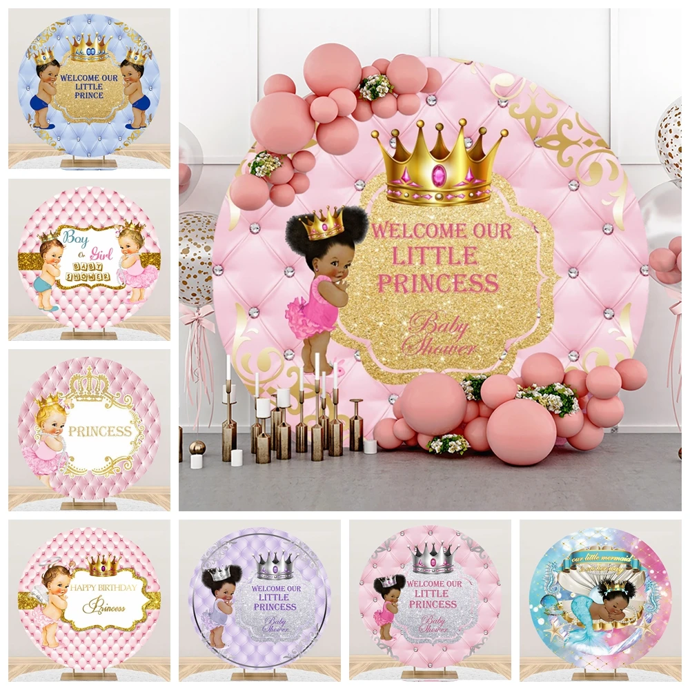 Welcome Our Little Princess Gold Crown Pink Headboard Round Backdrop For Baby Shower 1st Birthday Party Circle Background