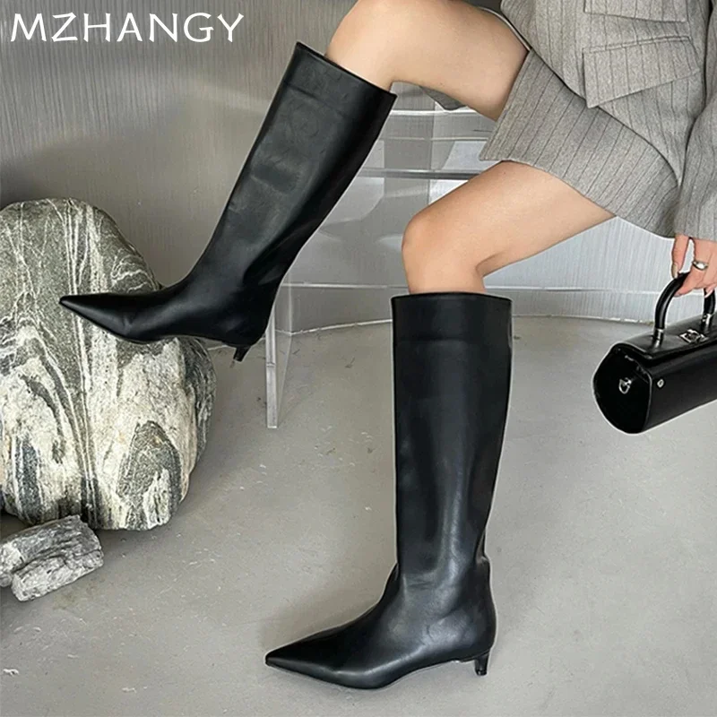 Pointed Toe Women High Boots Leather Fashion Sexy Heels Shoes Woman 2024 Trend New Snow Boots Low Heels Elegant Goth Mujer Botas