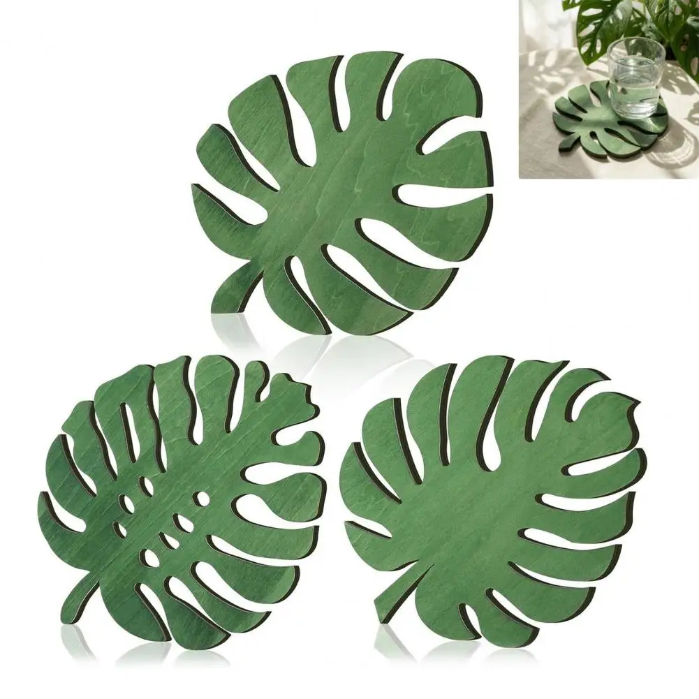 Decorative Wood Cup Pads 3pcs Monstera Leaf Wooden Coasters Set Boho Style Heat Resistant Table Mats for Kitchen for Mugs