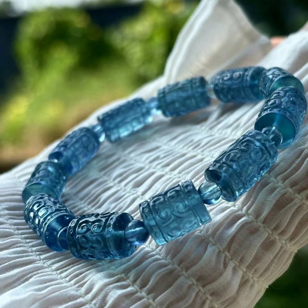 

Natural Blue Aquamarine Clear Barrel Beads Bracelet 13x9mm Women Men Brazil Stretch Blue Aquamarine Jewelry AAAAA