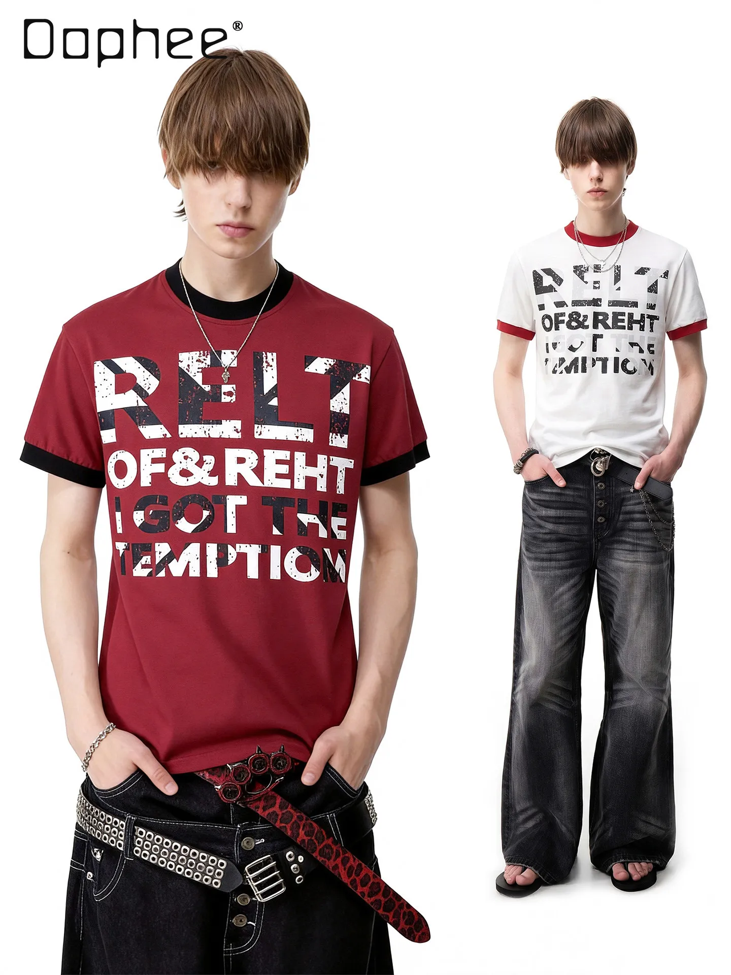 2026 Summer Red Black Contrast Collar Letter Print T-Shirt Men Vintage Loose Casual Round Neck Short Sleeve White Top