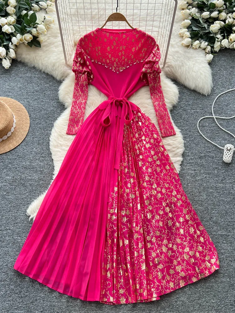 

Miyake Pleated Dress Women's 2025 Autumn Feeling Strap Waist Fashion Printed Splicing Long Skirt