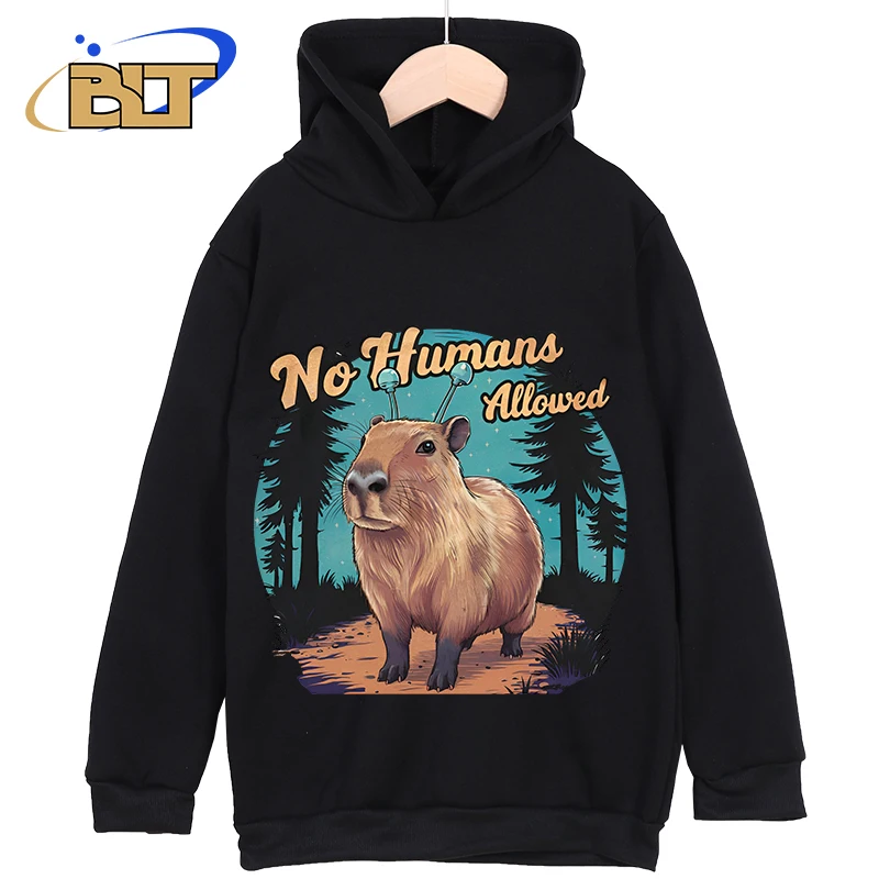 Capybara E.T. Design - No Humans Allowed Printed Kids Hoodies Sports Sweatshirts Casual Tops for Boys and Girls