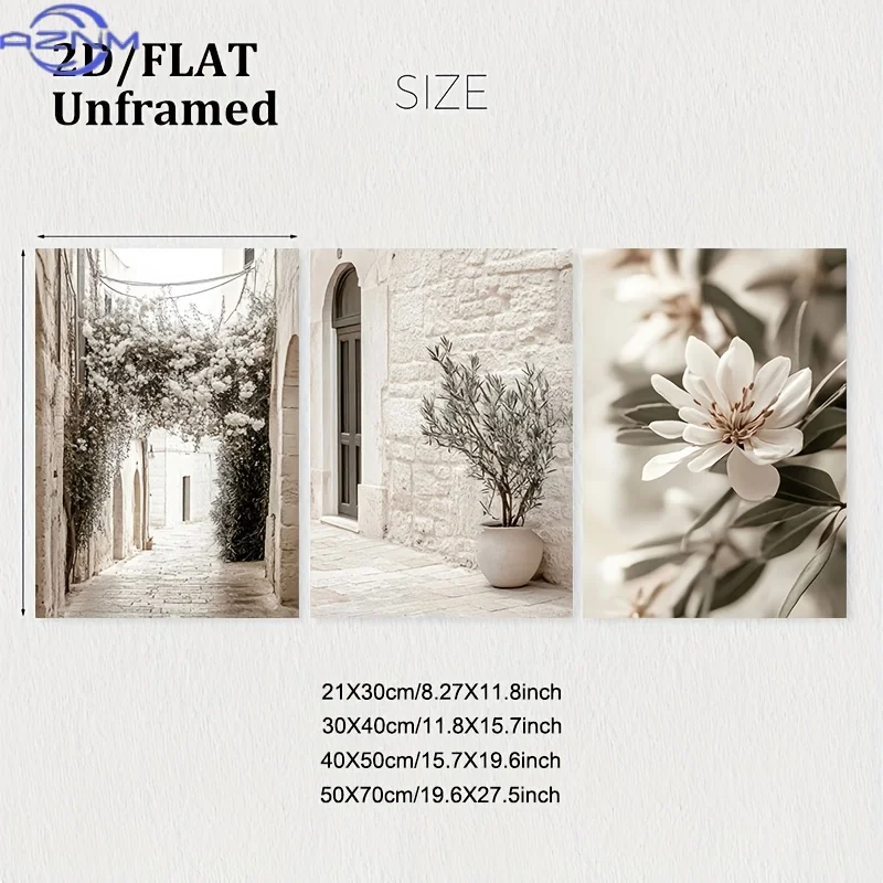 Frameless/3pcs Set, Neutral Floral And Street Scene Mediterranean Style Wall Art Decor Paintings, Rustic Farmhouse Landscape Ph
