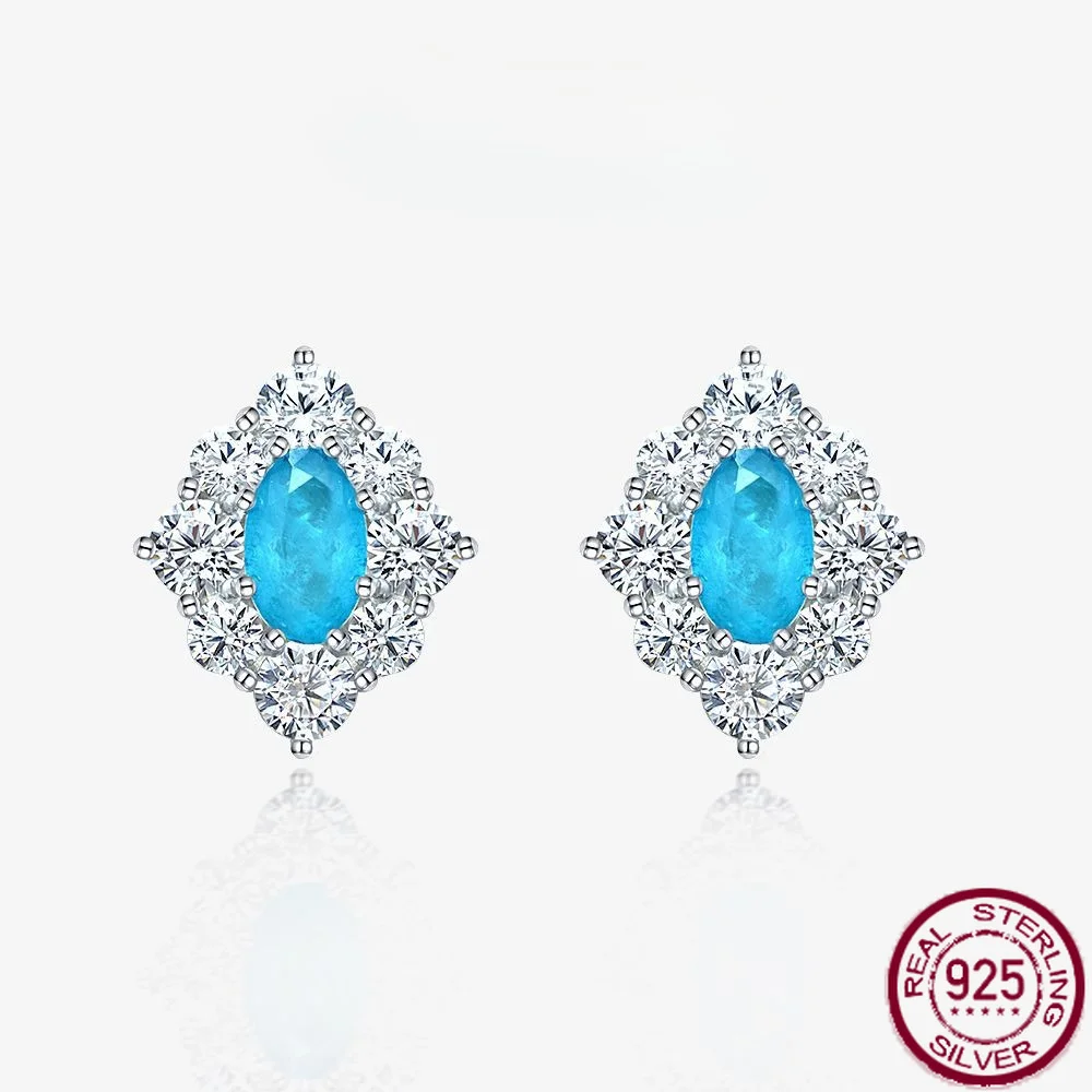 

New 925 silver synthetic Paraiba egg shaped 6 * 9 earrings for women, fashionable and luxurious engagement jewelry